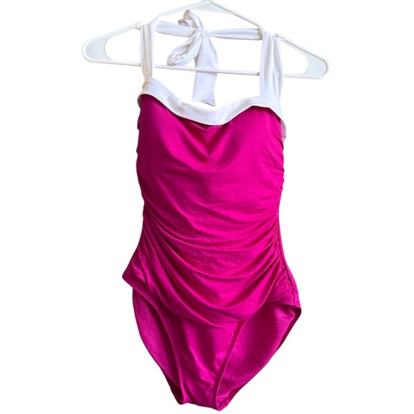 Lauren Ralph Lauren Pink and White One Piece Swimsuit with Ruched Detail - Picture 5 of 11